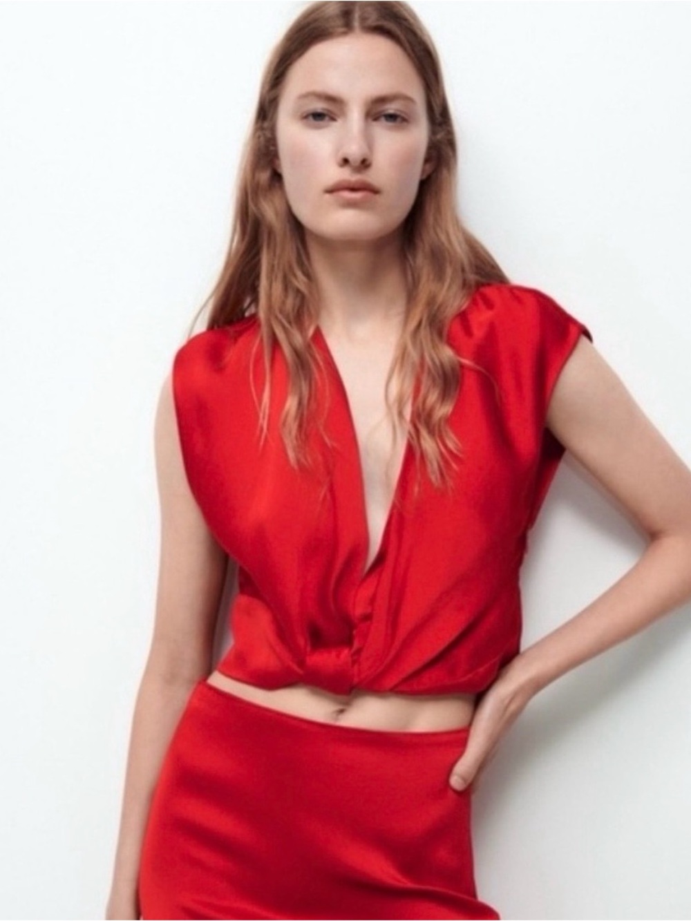 Zara Red V-Neck Satin Crop Top